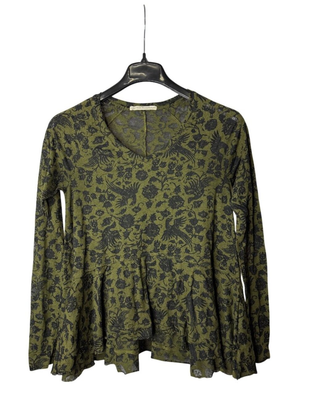 Peruvian Connection Womens Burnout Top Blouse Size S Olive Green Phoenix Peplum